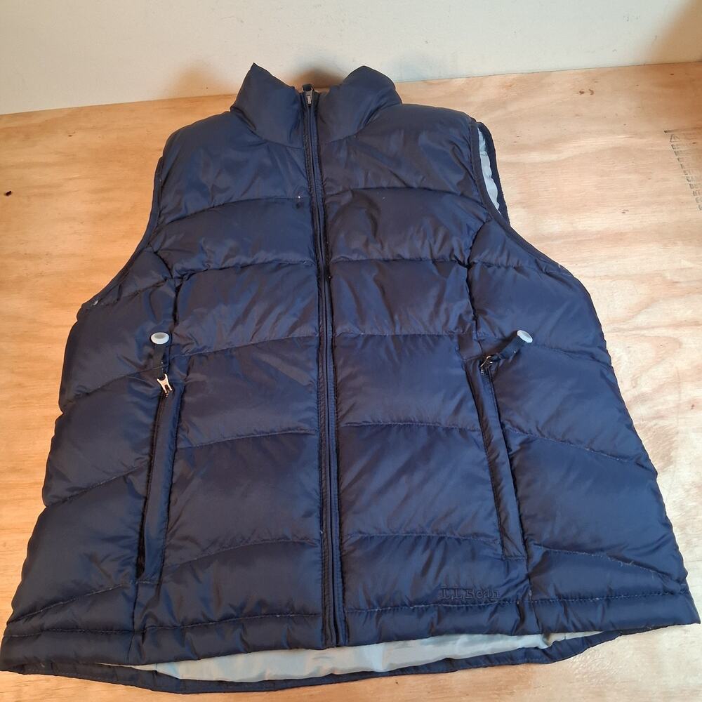 L.L. Bean Puffer Vest Men Large Navy Blue Goose Down Insulated 02322 Gray Lined